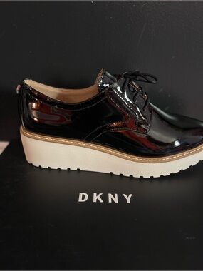 DKNY Black Patent Leather Platform Lace-Up Oxford with White Sole